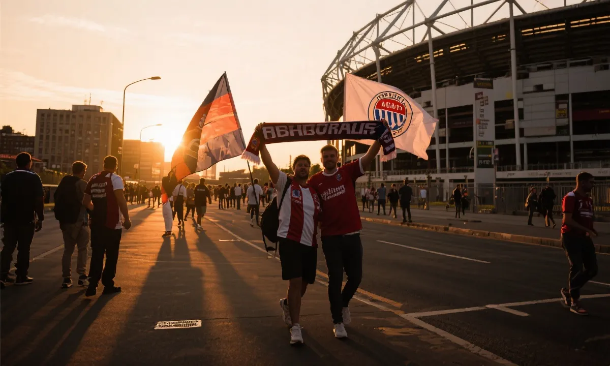 球迷在球场外步行与举旗合影的旅行观赛氛围，适合表达错峰与性价比策略